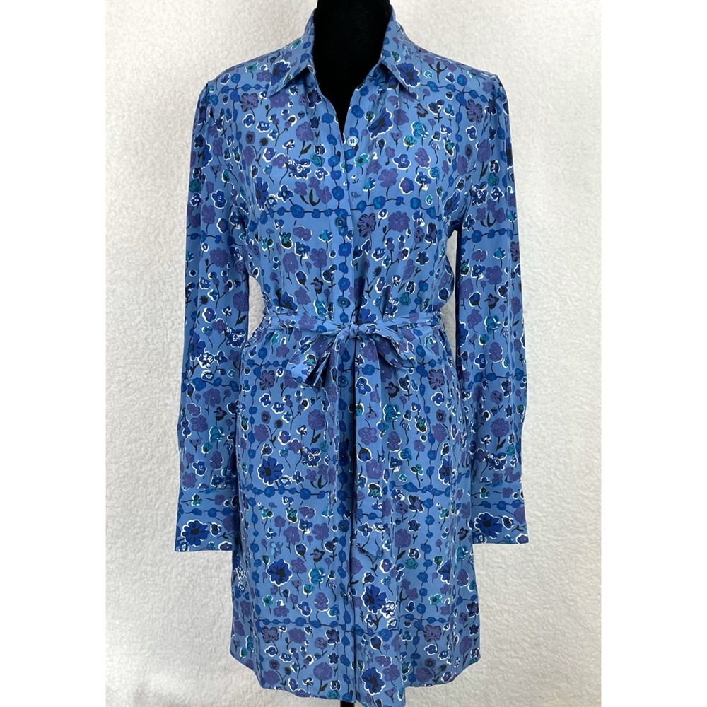 EQUIPMENT • Femme Rosalee Blue Floral Printed Long Sleeve Silk Mini Dress, XS - Picture 4 of 16